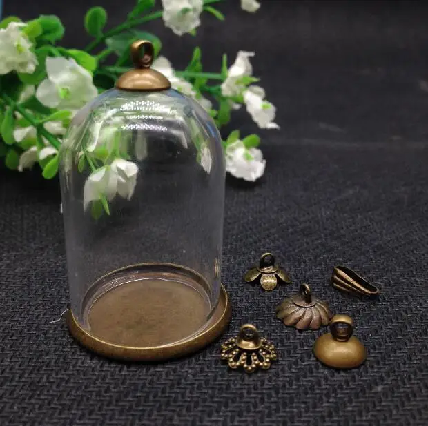 20sets/lot 38*25mm glass globe antique bronze base 8mm beads cap set glass bottle vial pendant necklace pendant jewelry findings