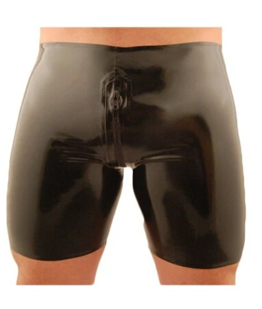 Sexy Mens Latex Shorts Fetish Rubber Pants with Two-way Front Crotch Zipper