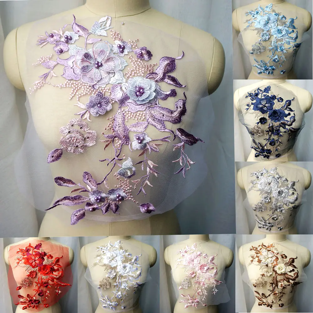 White Blue Purple Grey 3D Flowers Beads Rhinestones Appliques Embroidered Wedding Gown Decoration Mesh Sew Patch For Dress DIY