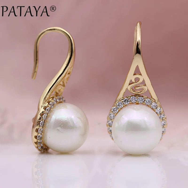 PATAYA New AB Color Shell Pearls Long Earrings Women Fashion Hollow Jewelry 585 Rose Gold Color Natural Zircon Dangle Earrings