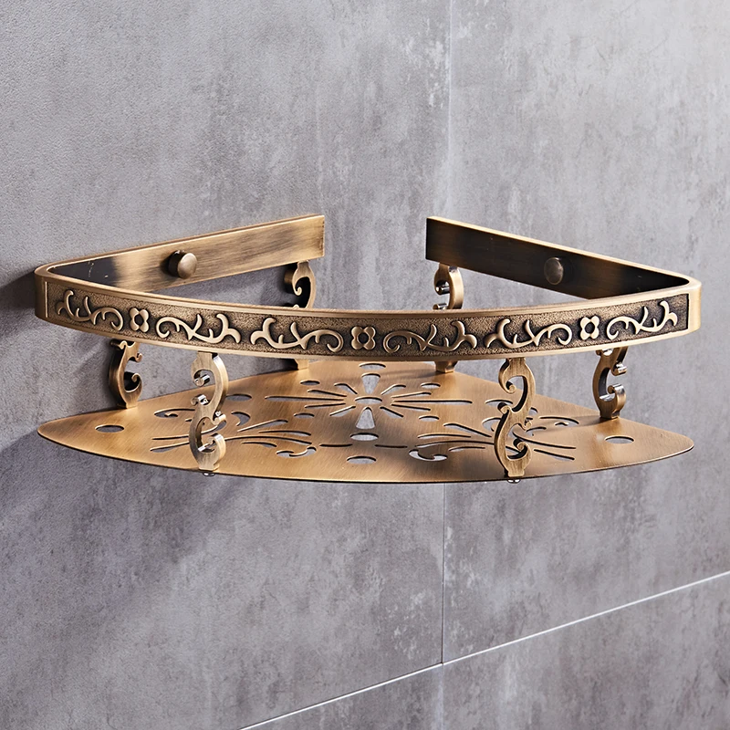 Estante de baño tallado en aluminio y bronce antiguo montado en la pared, soporte para jabón de baño, estante de ducha, soporte para champú de baño