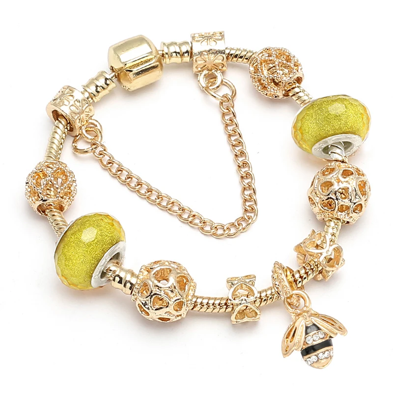 BAOPON Luxury Crystal Bees Gold Color Charm Bracelet For Girl Murano Glass Beads Fine Bracelet For Women Couple DIY Jewelry Gift