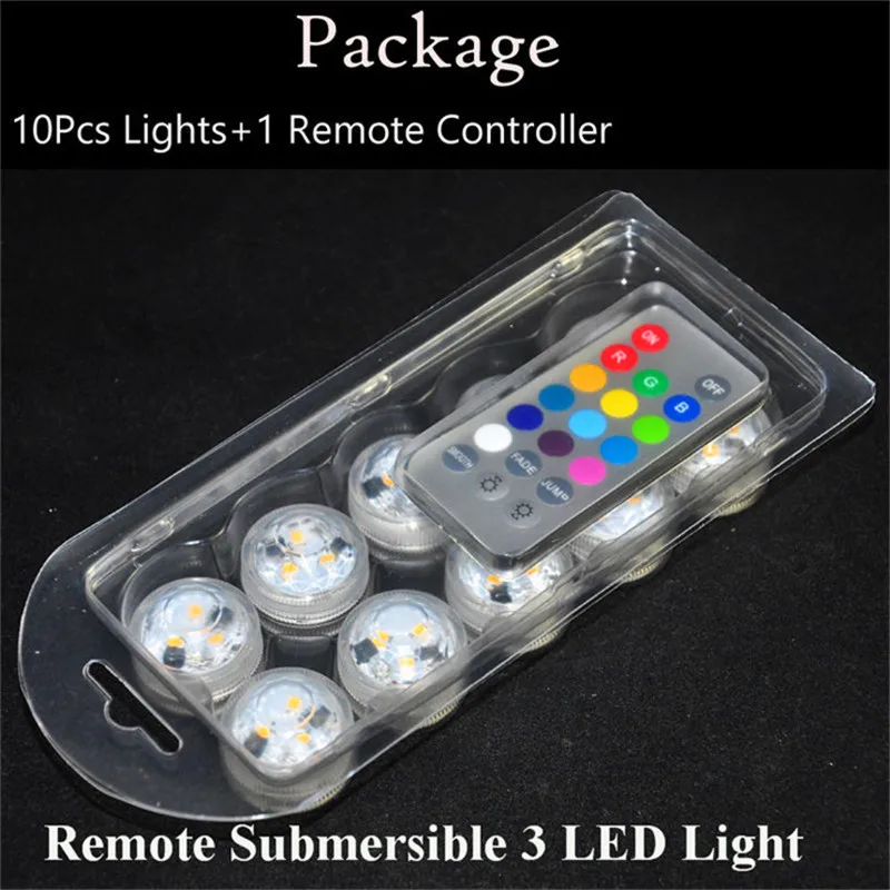 10pcs/Lot  CR2032 Battery Operated 3CM Round Super Bright RGB Multicolors LED Submersible LED Floralyte Light With Remote