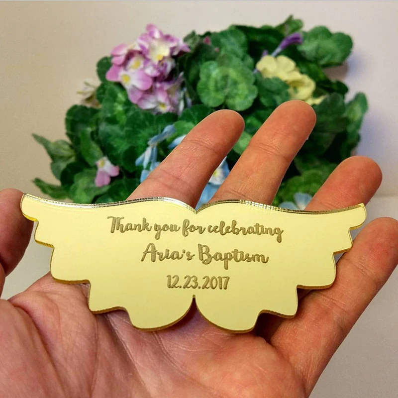 

Custom Made Gold Acrylic Mirror Angel Wing Baptism Favors, Personalized Acrylic Mirror for Baby Shower Invitations Party Gift