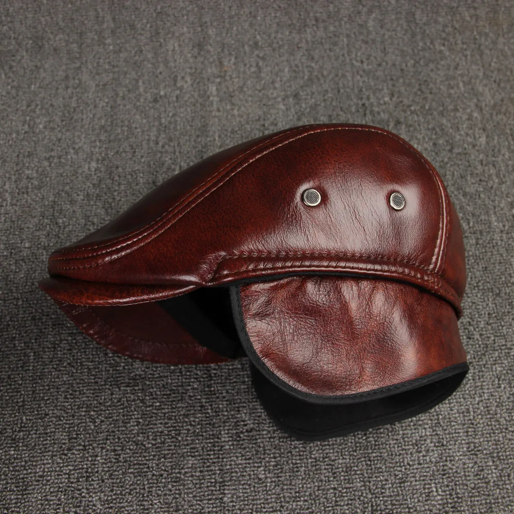 Male Genuine leather Hat Adult Cowhide Leather Hats Men\'s Ear Protection Cap Male Winter Visor Caps New Year Gift B-7232