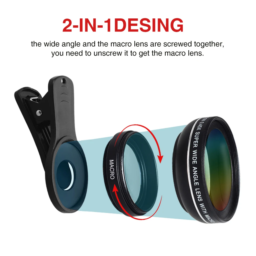 APEXEL Professional HD Camera Lens Kit 0.45X Wide Angle 12.5X Macro Lens Mobile Phone Lens for iPhone 6s plus 7 8 Samsung Huawei