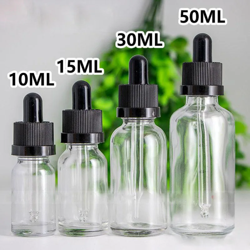 

Clear Glass Dropper Bottles 10ml 15ml 30ml 50ml Empty Essential Oil Perfume bottles With Glass Pipette Black Childproof Cap