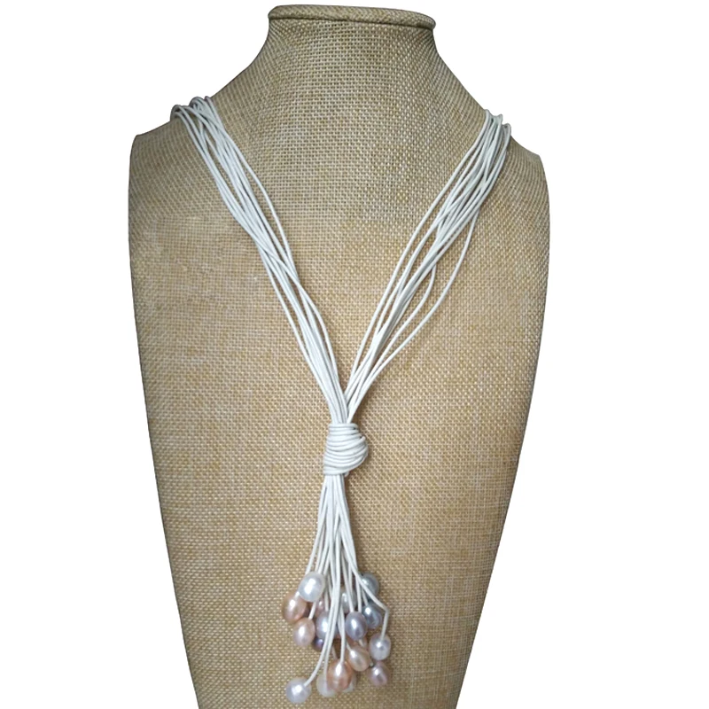 15 Rows Natural White ROval Fresh Water Pearl Lariat Leather Necklace