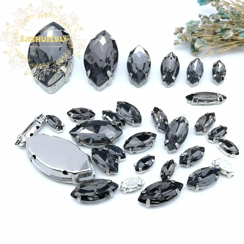 30 pezzi 8 taglie popolari! MIX grey Horse eye Size Crystal Glass Sew-on strass Silver Bottom abiti e scarpe da donna fai da te