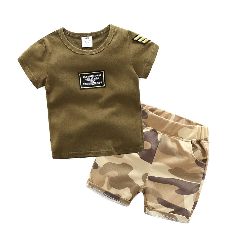 2024 New Summer 90-140 cm 2 3 4 6 8 10 Years Children Clothing Short Sleeve Army Green Camouflage Cotton Kids Baby Boy 2 Pcs Set