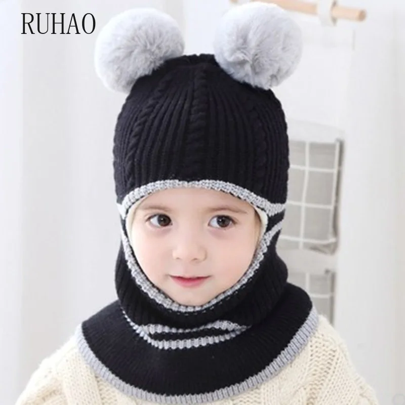 RUHAO Cute Kid Baby Boy Girl Hooded scarf Caps Hat Cartoon Ear Winter Warm Knit Flap Cap Scarf Delicately crocheted solid hat