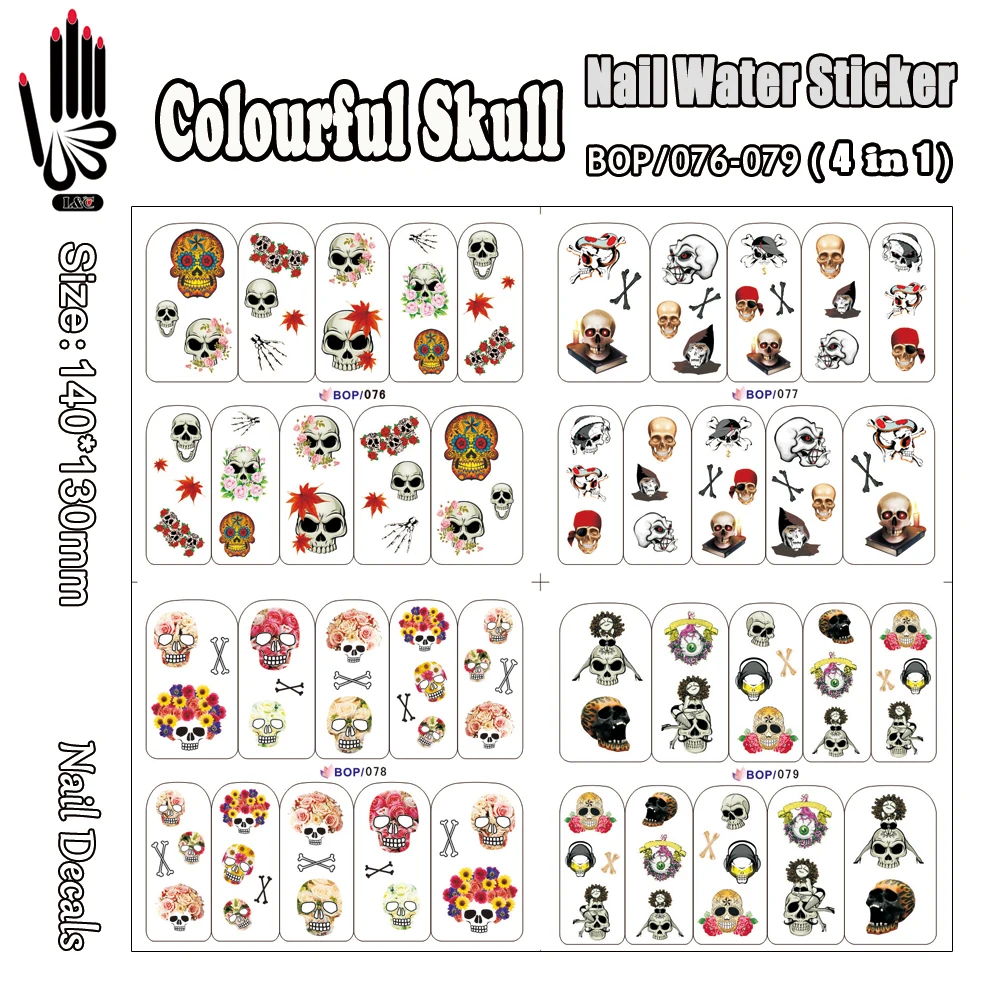 4 Sheets/Lot Nail Decoration BOP076-079 Colourful Skull Nail Art Wrap Water Sticker for Nail Art Accessories(4 DESIGNS IN 1)