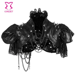 Black Leather & Lace Rvet Chain Stand Collar Batwing Sleeve Short Rave Rock Steampunk Clothing Women Vintage Jacket Gothic Coat