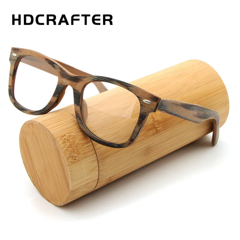 HDCRAFTER Prescription Glasses Frame Retro Wooden Plain Myopia Glasses with Clear Lens Wood Square Eyeglasses Frames Eyewear