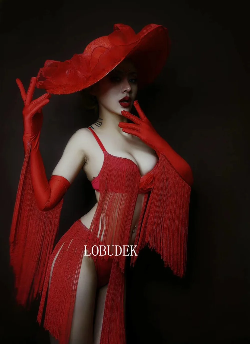 Bar Nightclub Sexy Gogo Dance Costume Red White Lace Hat Tassel Bikini Rave Festival Outfit DJ Dancer Team Performance Clothing