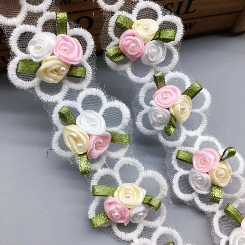 5/10/20/30X Cotton Pearl Beaded Rose Flower Lace Trim French Fabric Ribbon Applique Trimmings DIY Sewing Craft for Wedding Dress