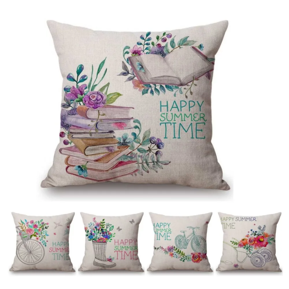 2023  Summer Watercolor Flower Bicycle Books Letter Print Sofa Throw Pillow For Home Decoration Nordic Linen Chair Cushion Cover