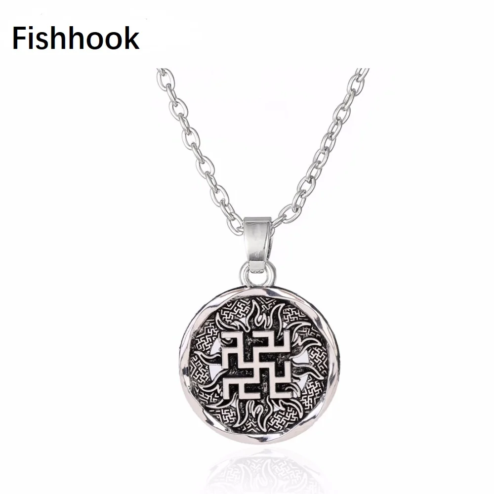 Fishhook Slavic Wicca Necklace Sun Badge Round Antique Charm Kolovrat Chain Symbol Pagan Talisman Pendant Amulet Jewelry For Man