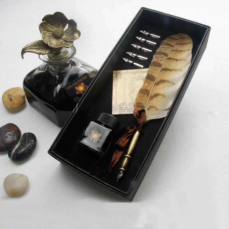 

Natural Owl Feather Antique Dip Pen Set with 1 Pen Holder 1 Gift Box 1 ink and 5 Nibs