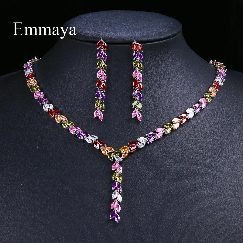 Emmaya Luxury Colorful Sparking  Cubic Zircon Drop Earring Necklace Heavy Party Jewelry Set Wedding Bridal Dress Gift