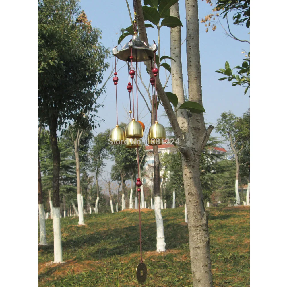 1PCS 62cm Copper 5 Bells Pentagon Pavilion Coin Drawing Home Yard Garden Feng Shui Wind Chimes Friend Gift