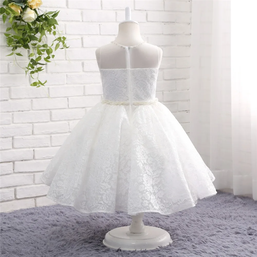 JaneVini Princesa Branco UMA Linha Lace Pérolas Da Menina de Flor Vestidos de 2019 O Pescoço Caixilhos Tea-Length Meninas Pageant Primeira vestido de comunhão