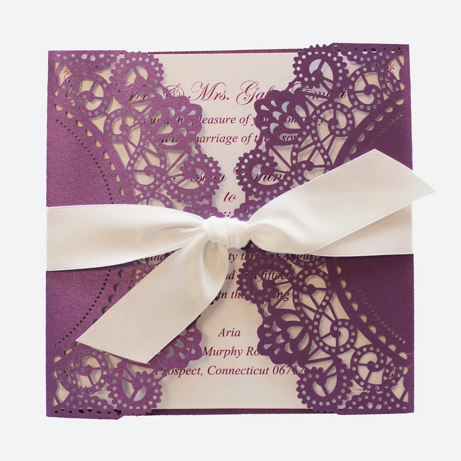 

Purple Wedding Invitation Cards with White Ribbon Bow - Set of 50