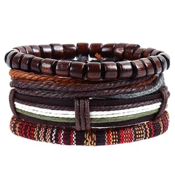 4pcs/set hippie punk boho dark brown leather wood beads wax cord knots wrap wide Bracelets Bangles for man hand jewelry