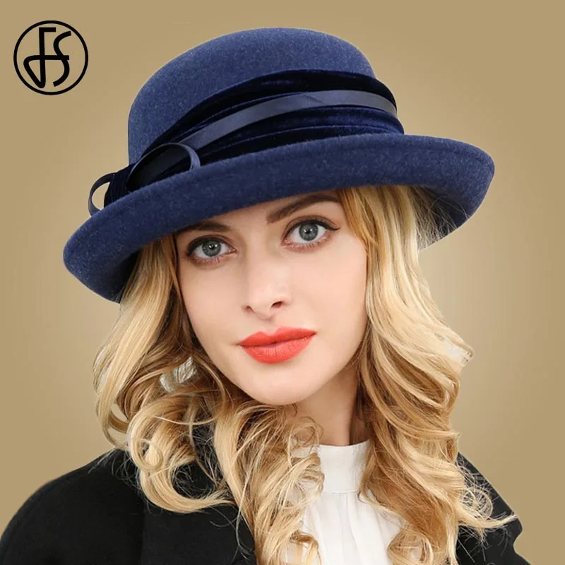 FS Wide Brim Fedora Winter Hats For Women Fashion Wool Felt Navy Blue Bowler Hat Ladies Formal Retro Bowknot Floppy Church Caps