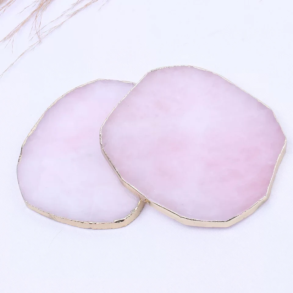 

9cm Wholesale 1pcs Natural Rose Quartz Coaster Hexagon Crystal Platter Electroplated Gold Color Jewelry for Cup Mat Display