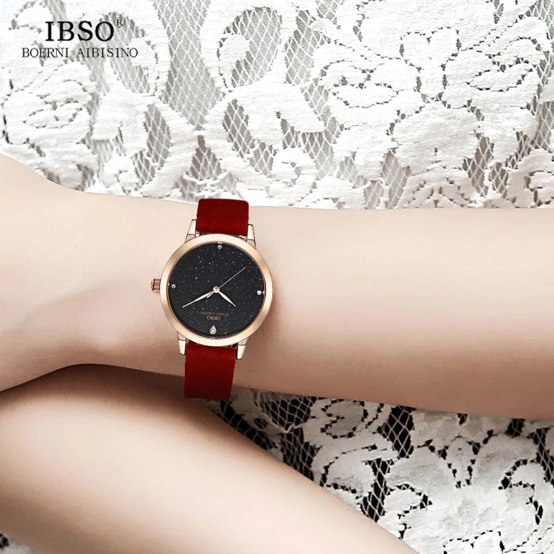 IBSO New Brand Fashion Starry Sky Women Watches 2018 Genuine Leather Strap Quartz Watch Women Casual Galaxy Ladies Watch