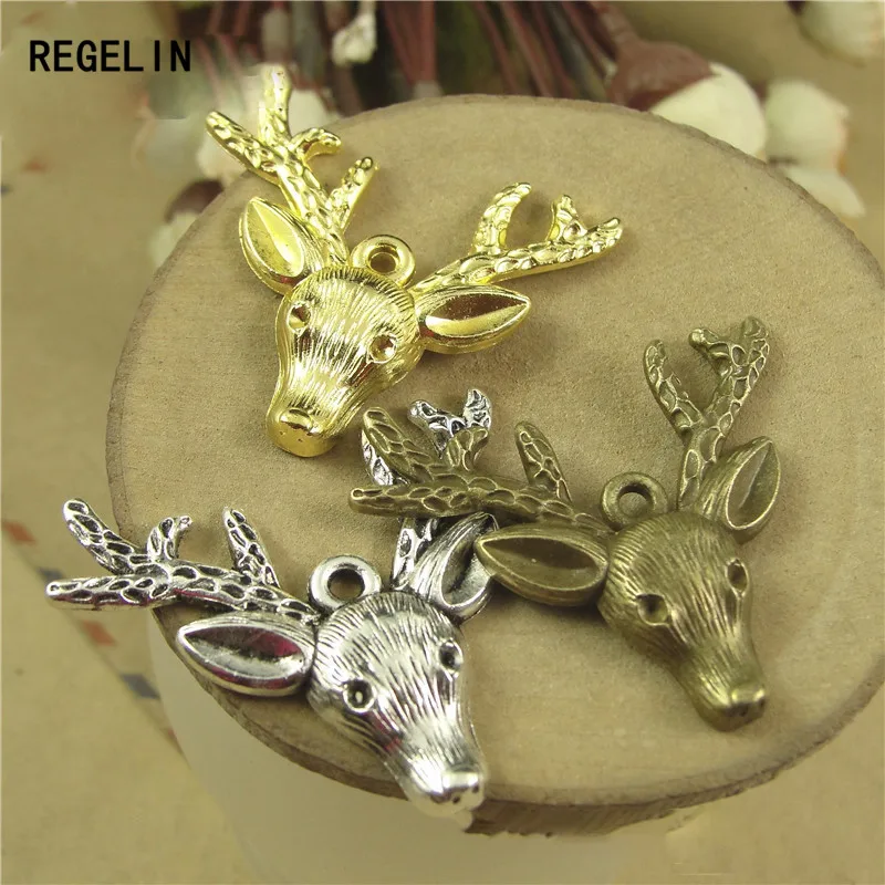 REGELIN Antique Bronze deer head Charm Pendant  10pcs 36x37mm for Diy Necklace Jewelry Accessories Making Handmade Craft