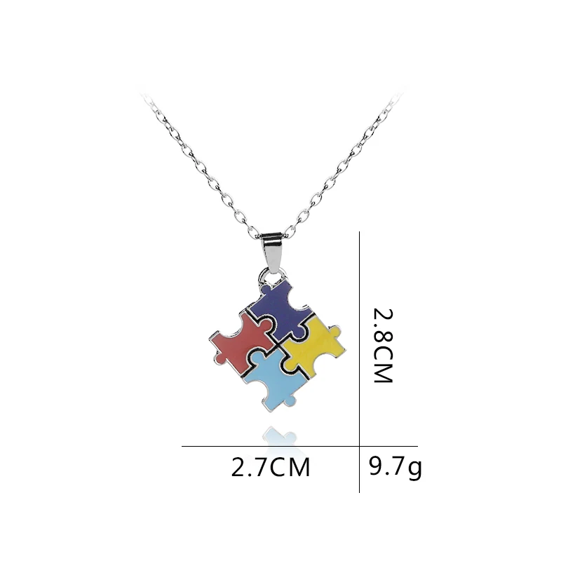 Autism Awareness Jigsaw Cross Classic Square Colorful Enamel Pendant Necklace Autistic Unisex Jewelry