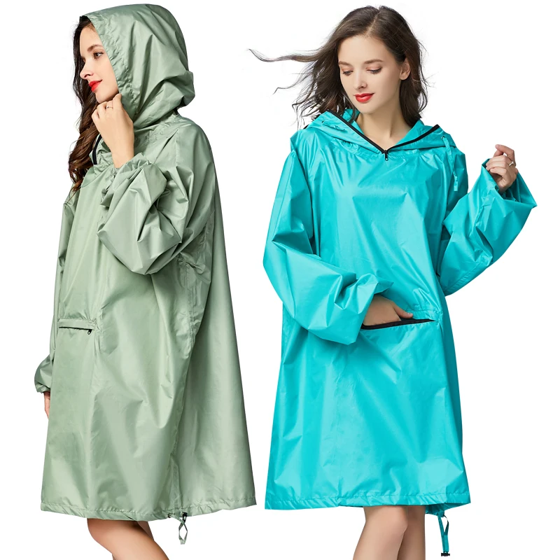 Women\'s Stylish Waterproof Rain Poncho Cloak Raincoat with Hood Sleeves and Big Pocket on Front.