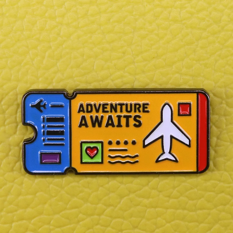 Journal Travel Gift Our Adventure Awaits Pin Explorer ticket Brooch Mountains Explore Nature Badge Alpine Scene