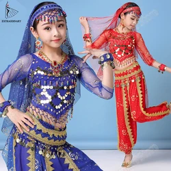 Children Bollywood Belly Dance Indian Costume Set Sari Girls Performance Chiffon Outfit Halloween Top Belt Pants Veil Headpiece