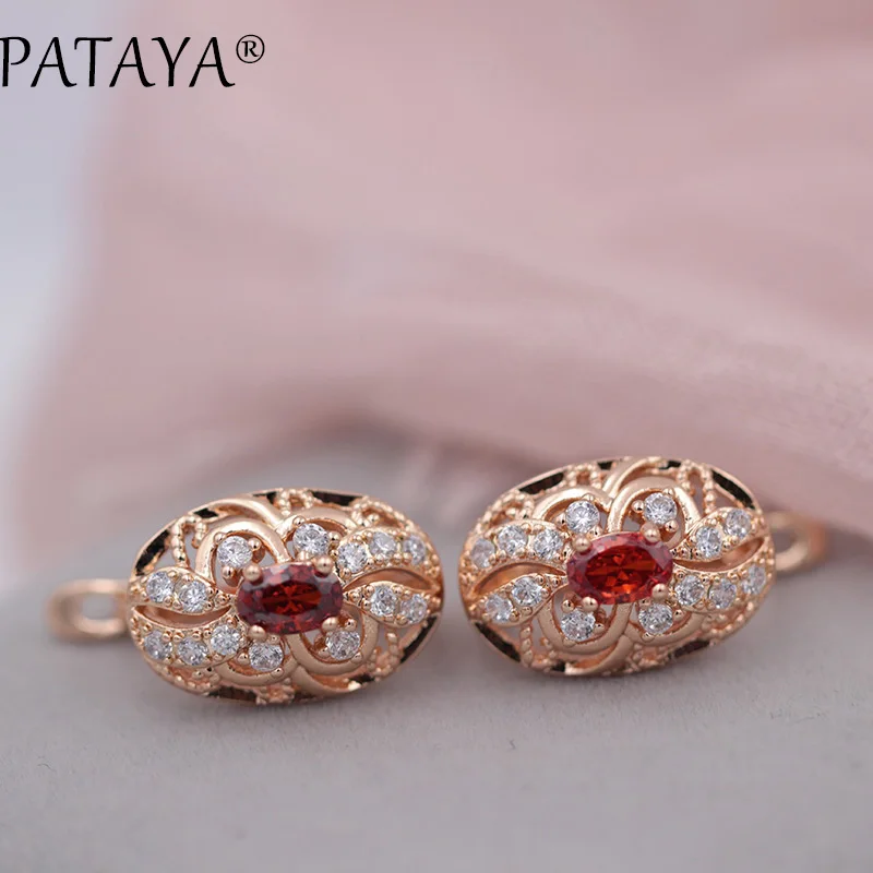 PATAYA New Listed Oval Green Natural Zircon Drop Earrings Women 585 Rose Gold Color Wedding Romantic Hollow Jewelry Multicolor