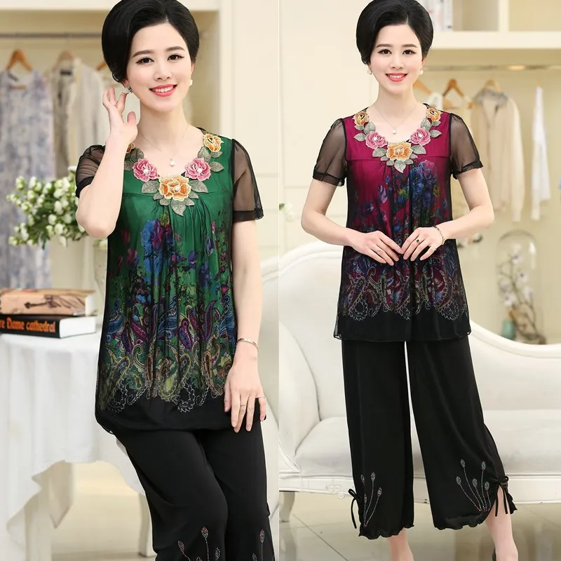 XL-7XL Middle Women Summer Dress Loose Suit Women Short-sleeved Wide-leg Pants 2 Sets Large Size Embroidered Shirt + Pants Suit