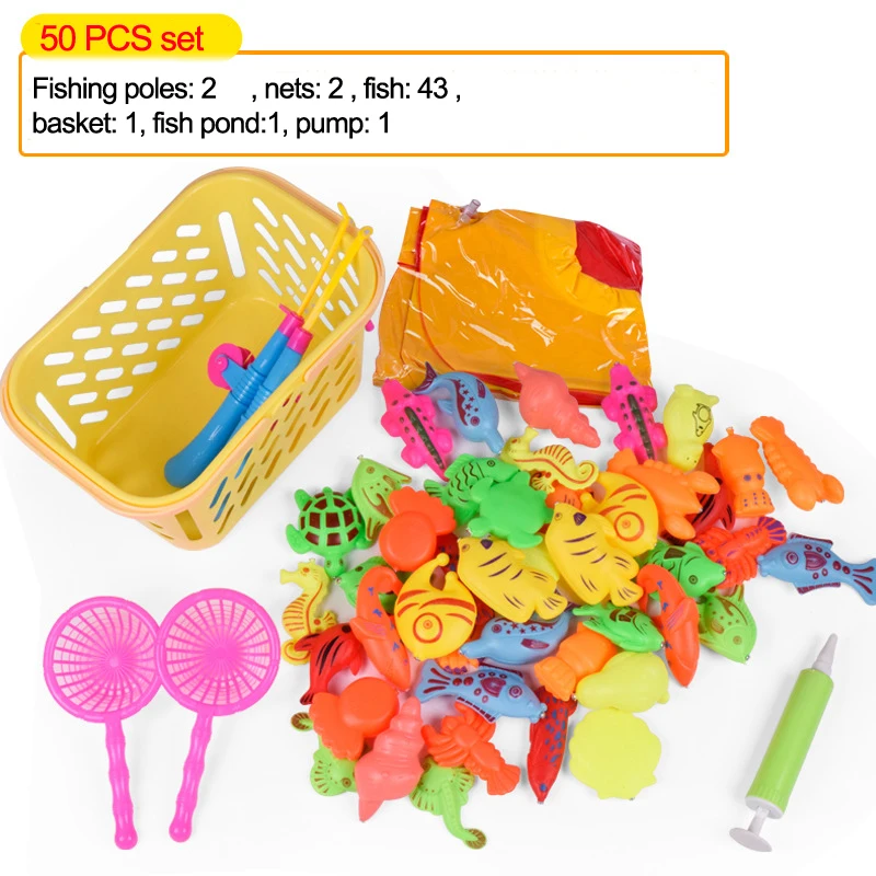 Kids Fishing Toy 50 Pieces Set Magnetic Inflatable Pool Simulated Marine Fishes Pond Fishing Pole Baby Children Water Bath Toy