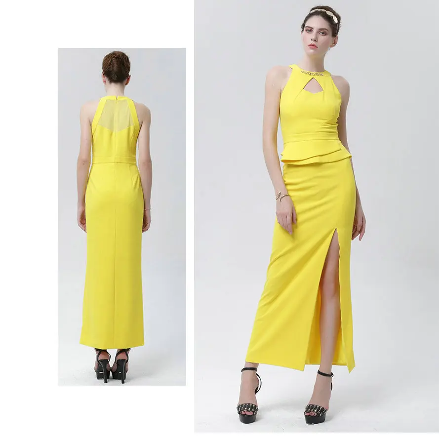 

Womens Dress Custom-made Women's Clothing Dress Yellow Hollow Out Sleeveless Dress Halter Slolid Sheath Long Dress Customized