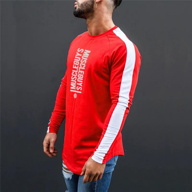 Muscleguys Autumn Mens Cotton Gyms Men T shirt Fitness bodybuilding shirts male Brand tees long sleeve t-shirt men