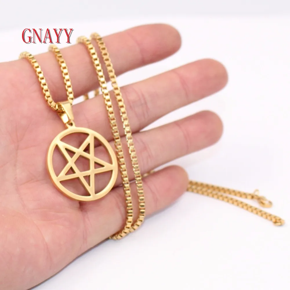 Stainless Steel Necklace Wicca Inverted pentagram Satan worship Pendant 2.4mm  box chain 18 inch -28 inch