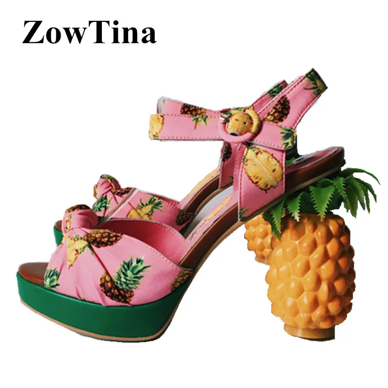 Women Pink Platform Sandals Pineapple Chunky 11cm High Heels Summer Shoes Woman Ankle Strap Valentina Ladies Shoes Dress Pumps