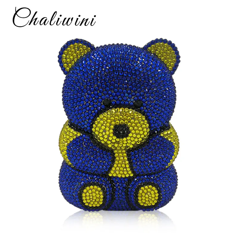 Custommade Blue Animal Bear Storage Bean All Diamond Women Evening Clutch Bag Party Wallet Chain Shoulder Handbags Evening Bag