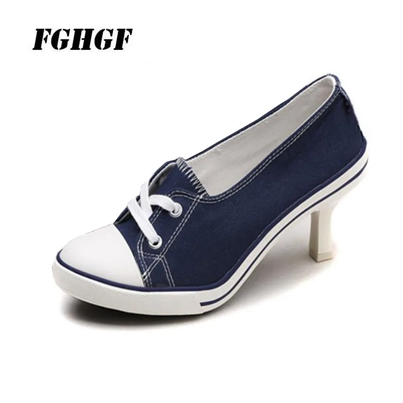 Black high-heel canvas women\'s shoes blue high-heeled shoes shallow lace-up breathable casual fashion versatile single shoes