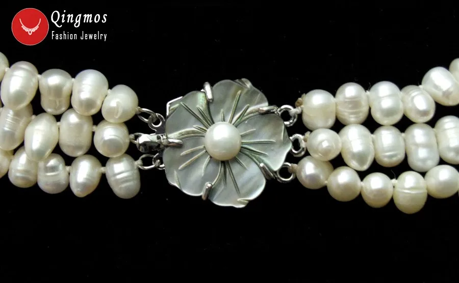 Qingmos Natural Pearl Neckalce for Women with 3 Strands Side Hole 6-7mm Rice Pearl Chokers Necklace Flower Clasp Jewelry Ne5163