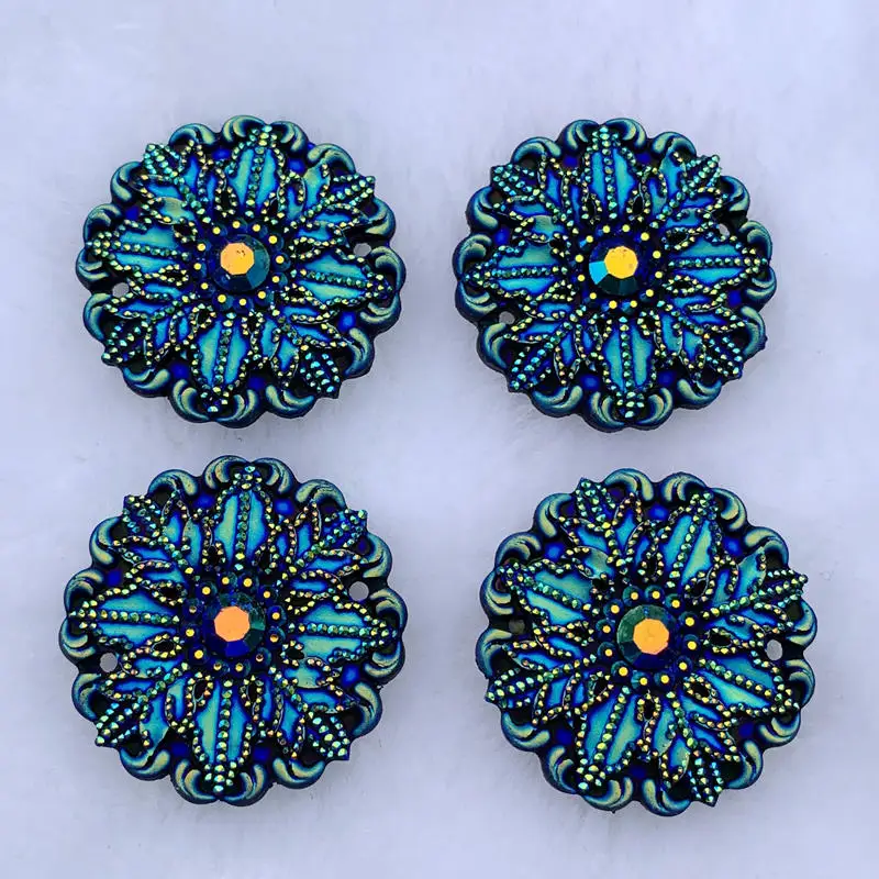 4pcs Round & Flower Powwow Flat Back Resin Rhinestone Stones and black AB Gems For DIY Costume Button Crafts 35mm -S03