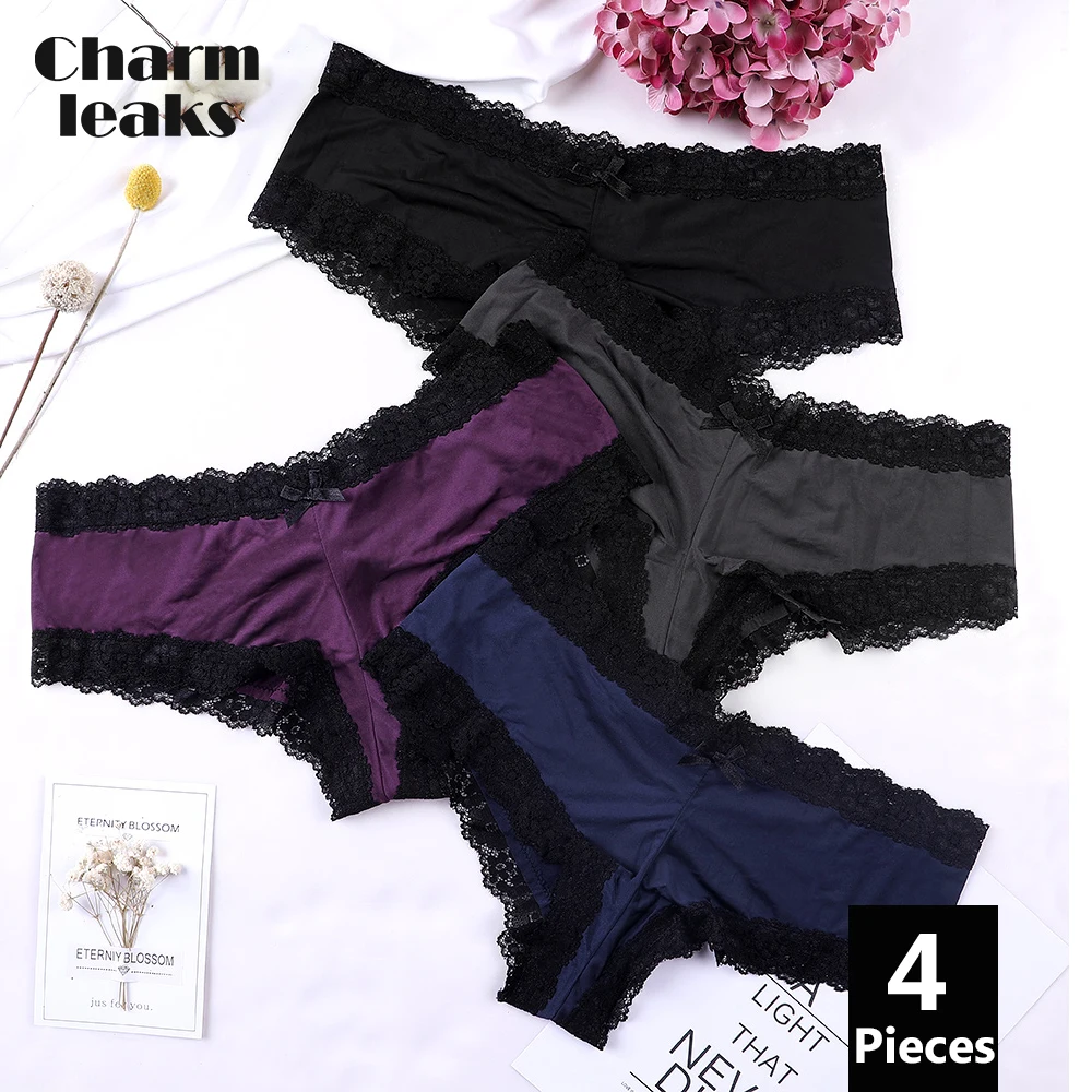 Charmleaks Women Underwear Thong Lace Cotton String Sexy Panties Tanga Briefs Lingerie Nylon Bow Tie Mid Waist Cozy 4 PCS