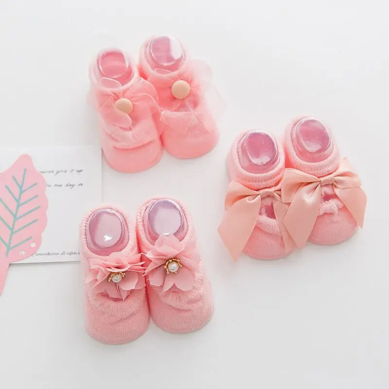 3 Pairs/Lot Spring Newborn Bowknot Baby Girl Sock Flower Lace Clothes  Accessories Ribbon Children Slipper Kids Toddlers Summer