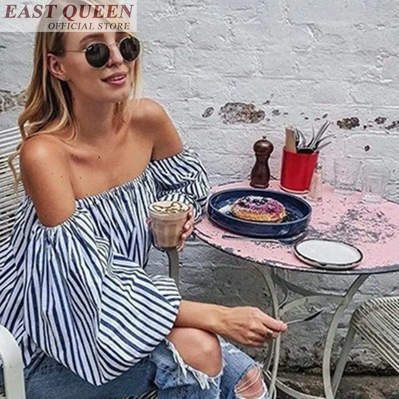 Sexy off shoulder striped blouse shirts for women chiffon half flare sleeve backless streetwear o-neck feminine shirt DD857 L